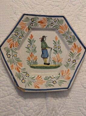 RARE Vintage Henriot Quimper Hexagonal Plate - Hand Painted Breton Man - French